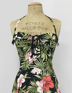 Black & Pink Tropical Floral Print 1940s Marta Halter Swing Dress