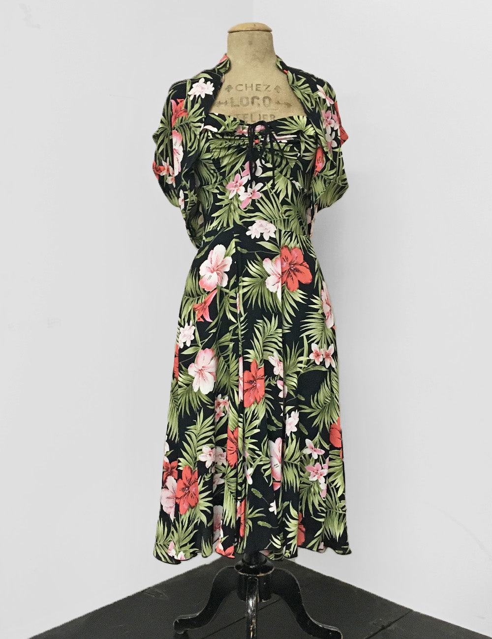 Black & Pink Tropical Floral Print 1940s Marta Halter Swing Dress