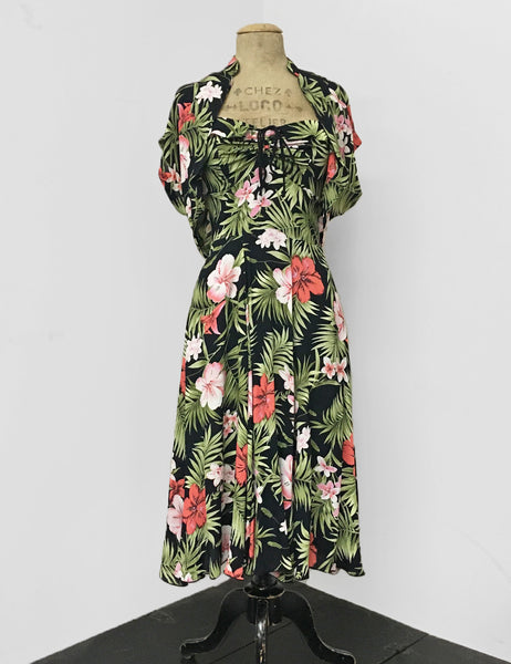 Black & Pink Tropical Floral Print 1940s Marta Halter Swing Dress