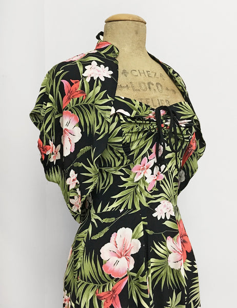 Black & Pink Tropical Floral Print 1940s Marta Halter Swing Dress
