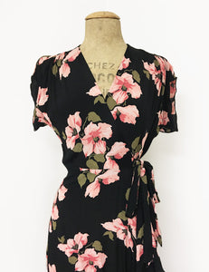 Pink & Black Tropical Nights 1940s Inspired Style Cascade Wrap Dress