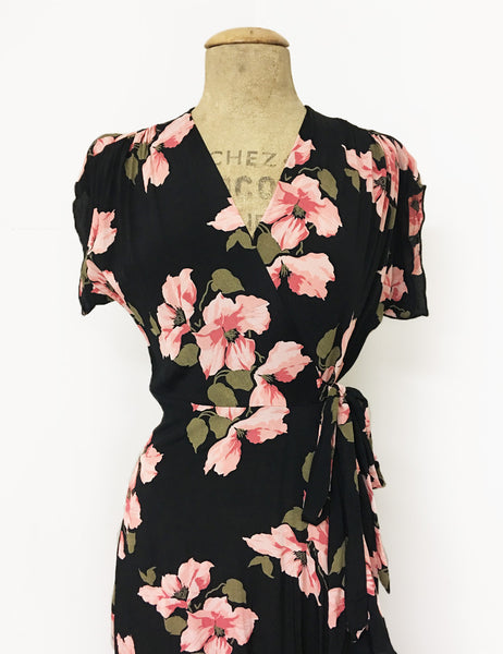 Pink & Black Tropical Nights 1940s Inspired Style Cascade Wrap Dress