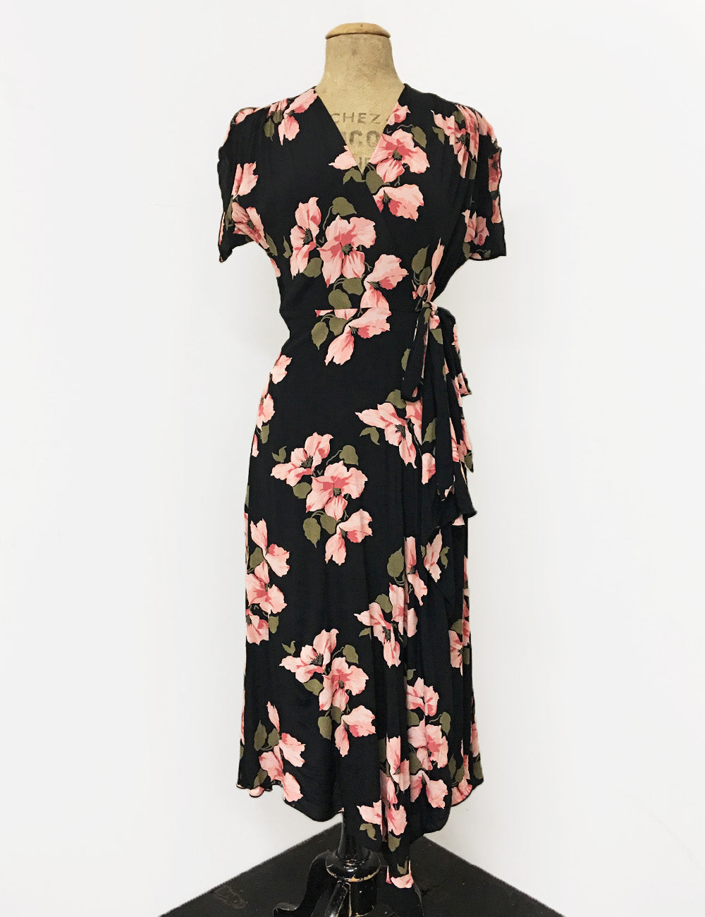 Pink & Black Tropical Nights 1940s Inspired Style Cascade Wrap Dress