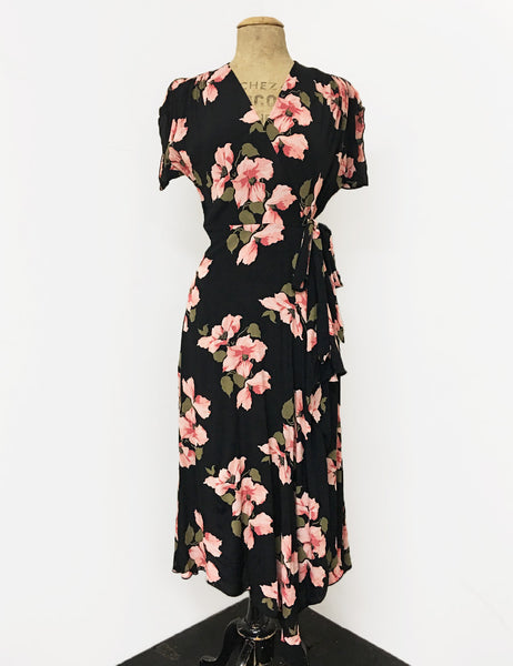 Pink & Black Tropical Nights 1940s Inspired Style Cascade Wrap Dress ...