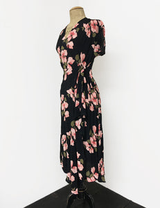 Pink & Black Tropical Nights 1940s Inspired Style Cascade Wrap Dress