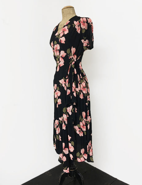 Pink & Black Tropical Nights 1940s Inspired Style Cascade Wrap Dress