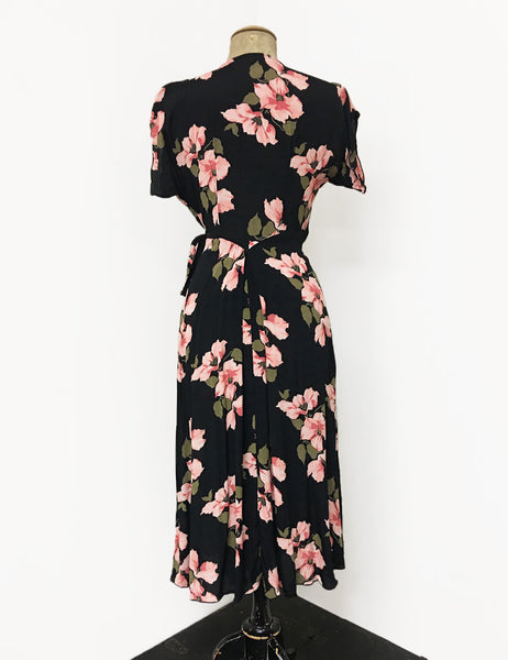 Pink & Black Tropical Nights 1940s Inspired Style Cascade Wrap Dress