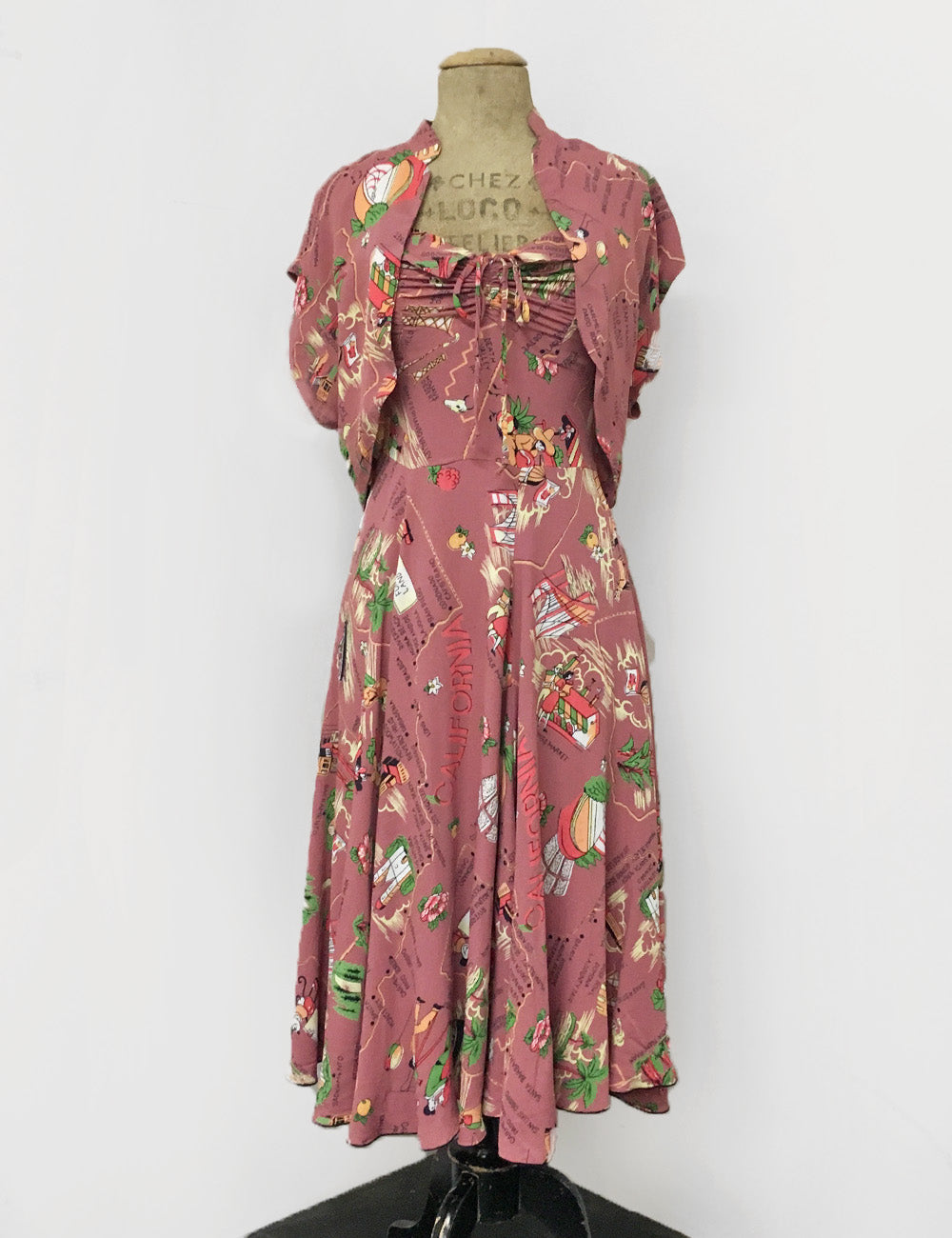 Exclusive Dusty Rose California Map Print 1940s Marta Halter Swing Dress