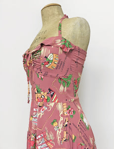 Exclusive Dusty Rose California Map Print 1940s Marta Halter Swing Dress