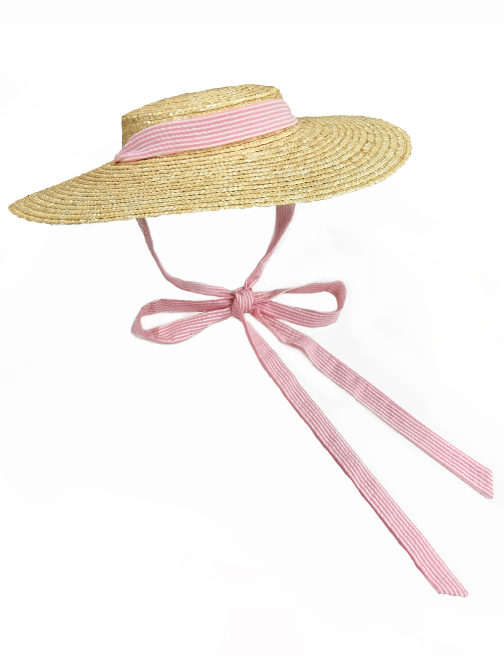 Pink Seersucker Vintage Style Woven Large Brim Straw Hat