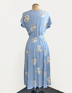 Vintage Style Powder Blue Stencil Floral Megan Cowl Neck Dress