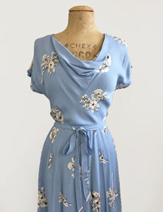 Vintage Style Powder Blue Stencil Floral Megan Cowl Neck Dress