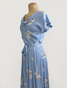 Vintage Style Powder Blue Stencil Floral Megan Cowl Neck Dress