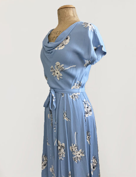 Vintage Style Powder Blue Stencil Floral Megan Cowl Neck Dress
