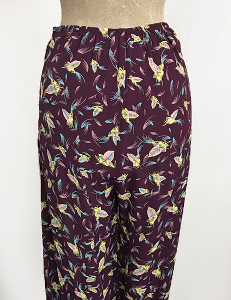 Purple Colorful Feathers 1940s Style High Waisted Palazzo Pants