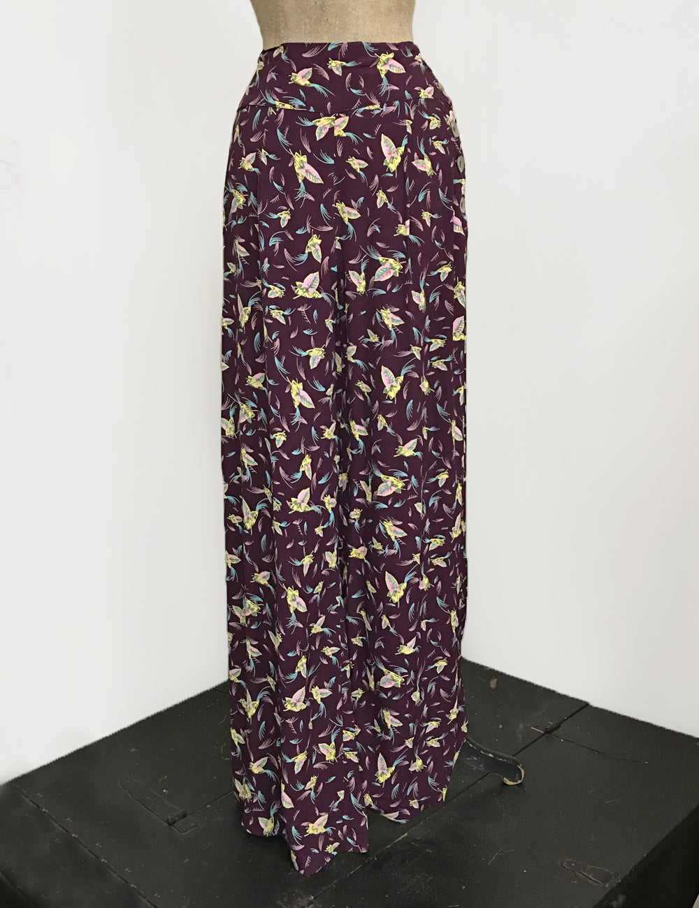 Purple Colorful Feathers 1940s Style High Waisted Palazzo Pants