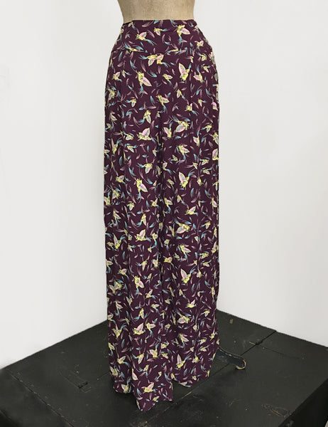 Purple Colorful Feathers 1940s Style High Waisted Palazzo Pants
