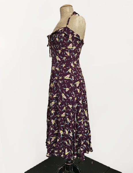 Purple Colorful Feathers 1940s Marta Halter Swing Dress