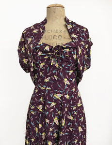 Purple Colorful Feathers 1940s Marta Halter Swing Dress