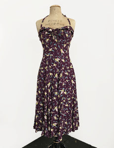 Purple Colorful Feathers 1940s Marta Halter Swing Dress