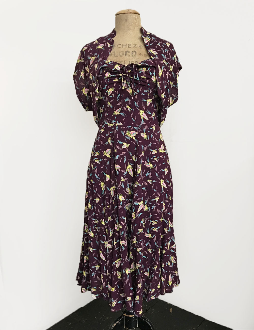 Purple Colorful Feathers 1940s Marta Halter Swing Dress