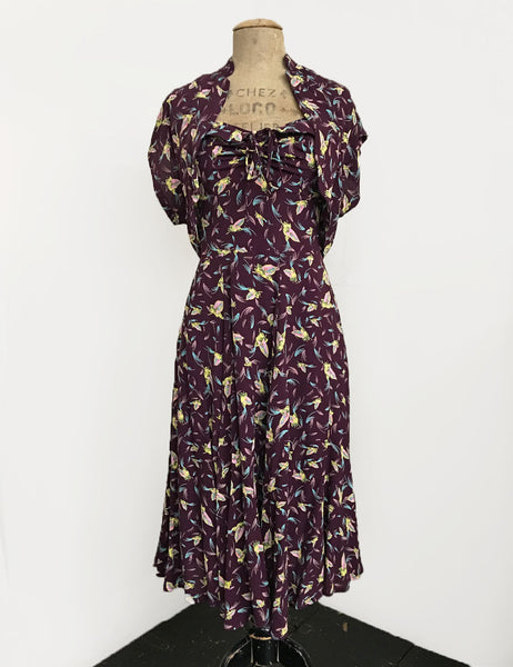 Purple Colorful Feathers 1940s Marta Halter Swing Dress
