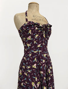 Purple Colorful Feathers 1940s Marta Halter Swing Dress