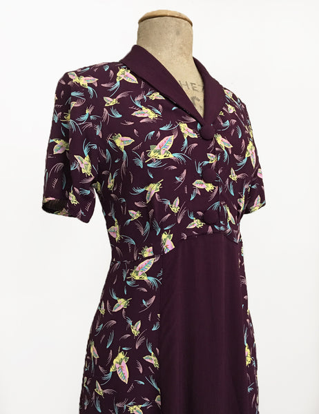 Colorful Purple Feathers 1940s Contrast Tea Length Day Dress