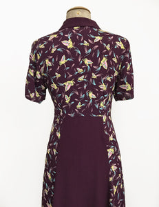 Colorful Purple Feathers 1940s Contrast Tea Length Day Dress