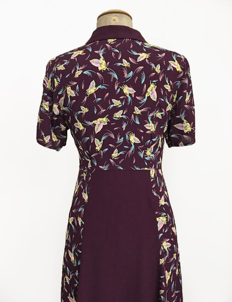 Colorful Purple Feathers 1940s Contrast Tea Length Day Dress