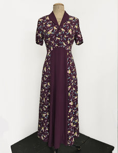 Colorful Purple Feathers 1940s Contrast Tea Length Day Dress