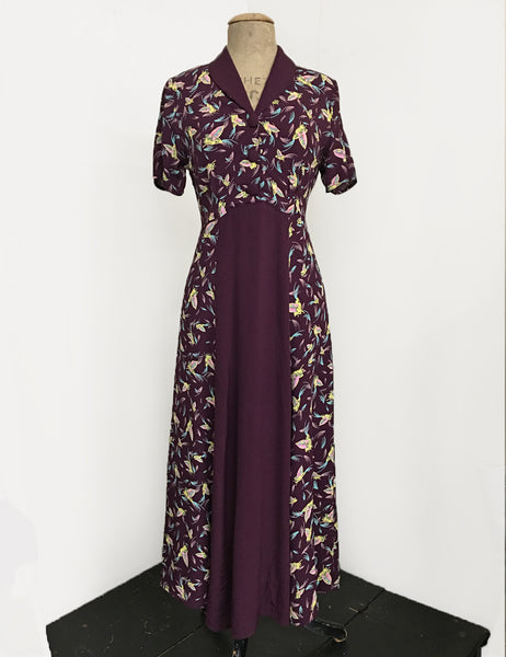 Colorful Purple Feathers 1940s Contrast Tea Length Day Dress