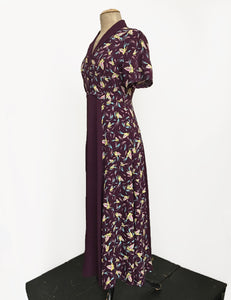 Colorful Purple Feathers 1940s Contrast Tea Length Day Dress