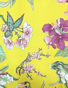 Yellow & Purple Iris Floral Print Tea Length Cascade Wrap Dress