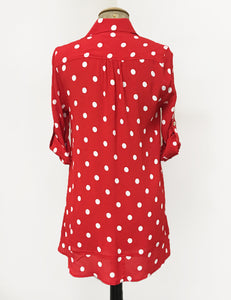 Red & White Big Polka Dot Button Up Collared Hi-Low Blouse - FINAL SALE