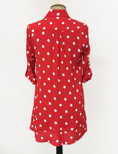 Red & White Big Polka Dot Button Up Collared Hi-Low Blouse - FINAL SALE
