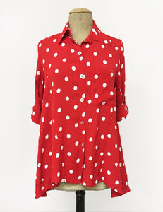 Red & White Big Polka Dot Button Up Collared Hi-Low Blouse - FINAL SALE