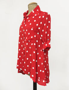 Red & White Big Polka Dot Button Up Collared Hi-Low Blouse - FINAL SALE