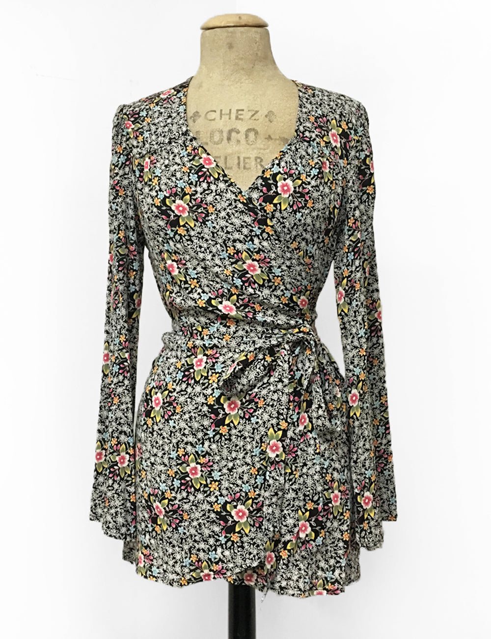 Black & Colorful Ragtime Floral Print Biba Wrap Top