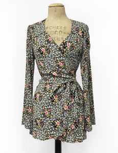 Black & Colorful Ragtime Floral Print Biba Wrap Top
