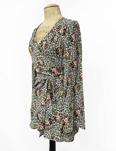 Black & Colorful Ragtime Floral Print Biba Wrap Top