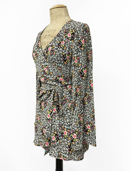Black & Colorful Ragtime Floral Print Biba Wrap Top