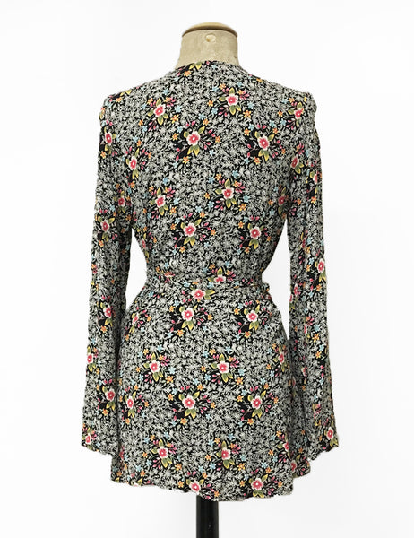 Black & Colorful Ragtime Floral Print Biba Wrap Top