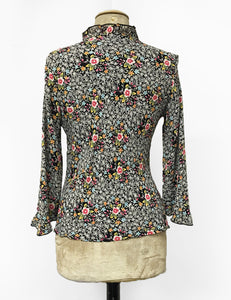 Black Ragtime Floral Print Ruffle Fitted Femme Blouse