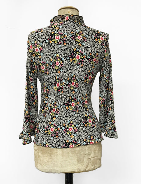 Black Ragtime Floral Print Ruffle Fitted Femme Blouse