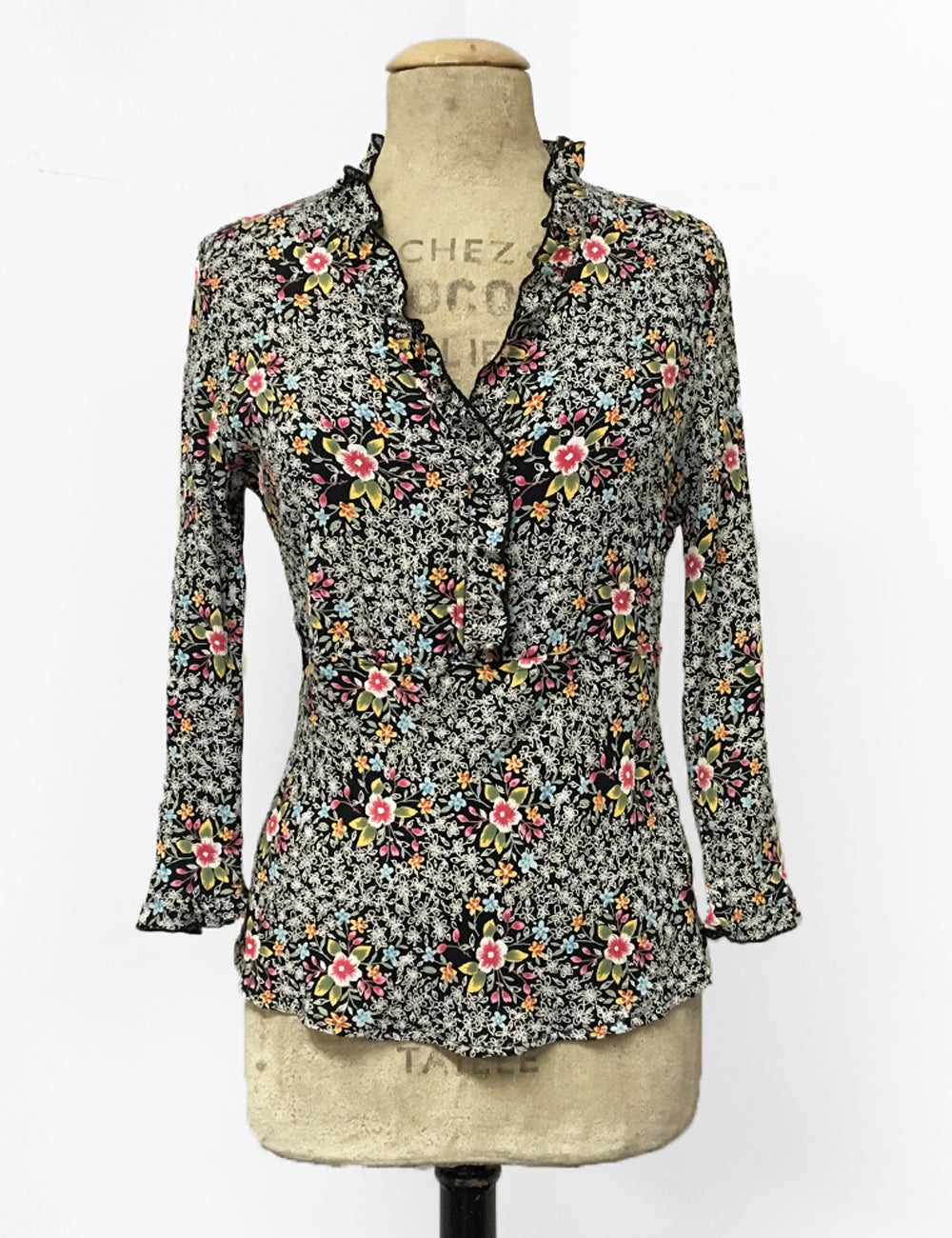 Black Ragtime Floral Print Ruffle Fitted Femme Blouse