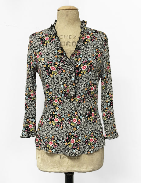 Black Ragtime Floral Print Ruffle Fitted Femme Blouse