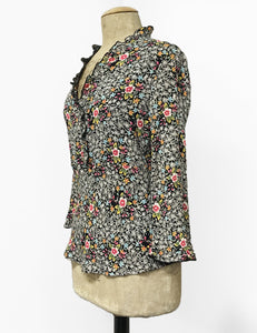 Black Ragtime Floral Print Ruffle Fitted Femme Blouse