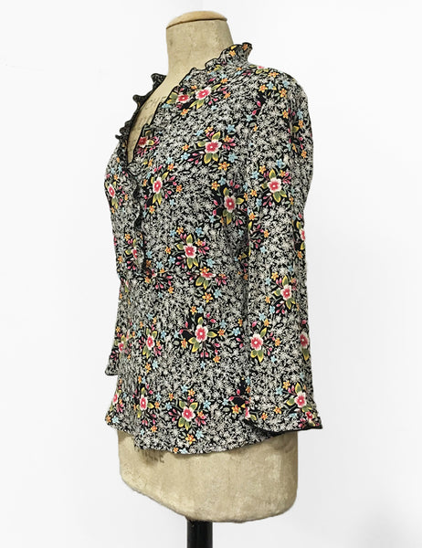 Black Ragtime Floral Print Ruffle Fitted Femme Blouse