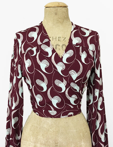 Raisin & Mint Deco Twister Drama Sleeve Babaloo Tie Crop Top - FINAL SALE